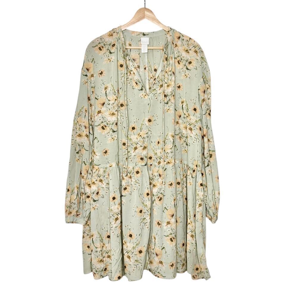 H&M Sunflowers Floral Balloon Sleeve Boxy Relaxed Drop Waist Shift Dress Size 12 - Picture 6 of 9